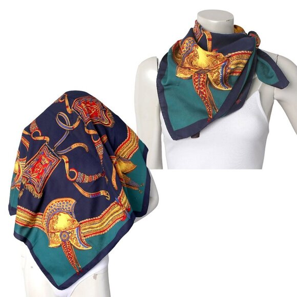 Vintage Roman Spartan Helmet Scarf Neck Hair Tie Scarf Navy Teal Yellow Red - Picture 1 of 7